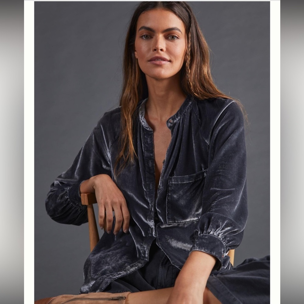 Anthropologie Pilcro Long Puff-Sleeved Velvet Button down Gray Shirt S